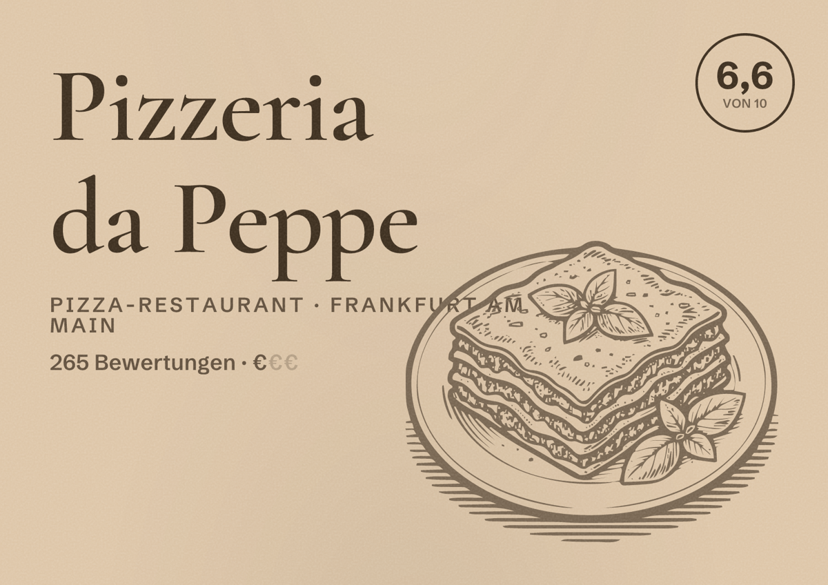 Illustriertes Poster von Pizzeria da Peppe, Pizza-Restaurant in Frankfurt am Main: Bewertung 6,6 von 10 aus 265 Bewertungen, Preisniveau €