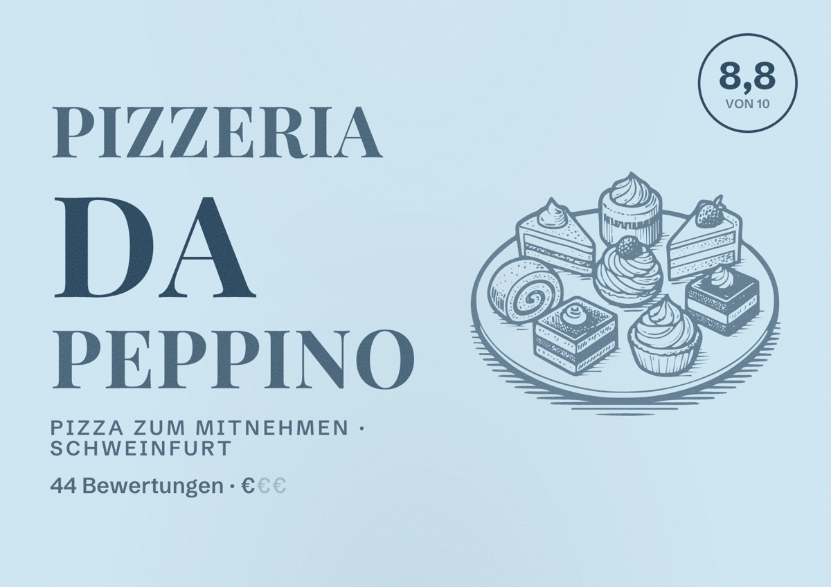 Illustriertes Poster von Pizzeria da Peppino, Pizza zum Mitnehmen in Schweinfurt: Bewertung 8,8 von 10 aus 44 Bewertungen, Preisniveau €