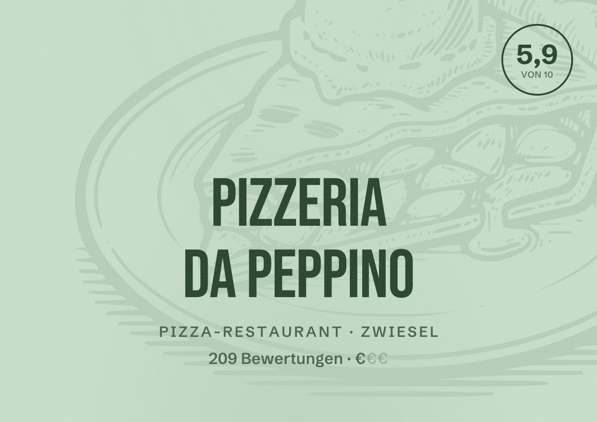 Illustriertes Poster von Pizzeria da peppino, Pizza-Restaurant in Zwiesel: Bewertung 5,9 von 10 aus 209 Bewertungen, Preisniveau €