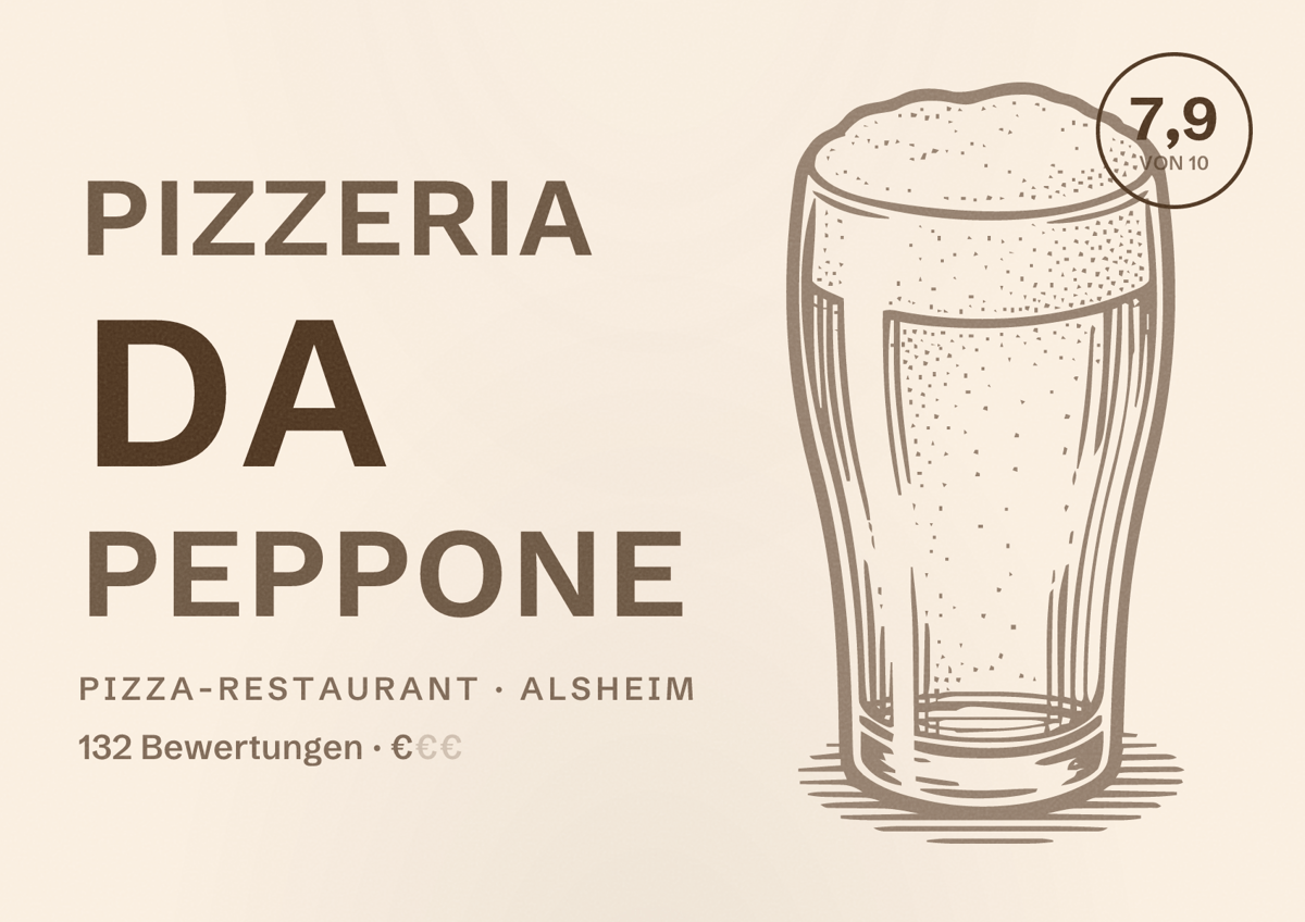 Illustriertes Poster von Pizzeria da Peppone, Pizza-Restaurant in Alsheim: Bewertung 7,9 von 10 aus 132 Bewertungen, Preisniveau €
