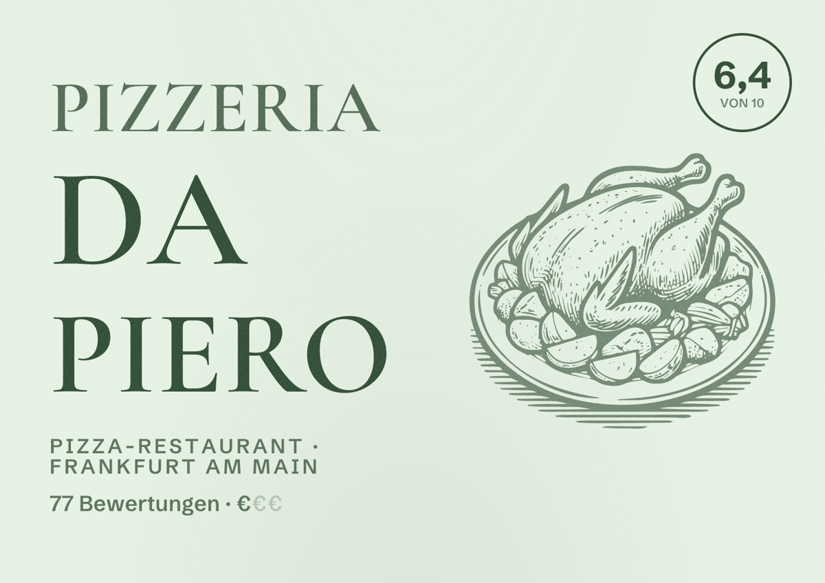 Illustriertes Poster von Pizzeria Da Piero, Pizza-Restaurant in Frankfurt am Main: Bewertung 6,4 von 10 aus 77 Bewertungen, Preisniveau €