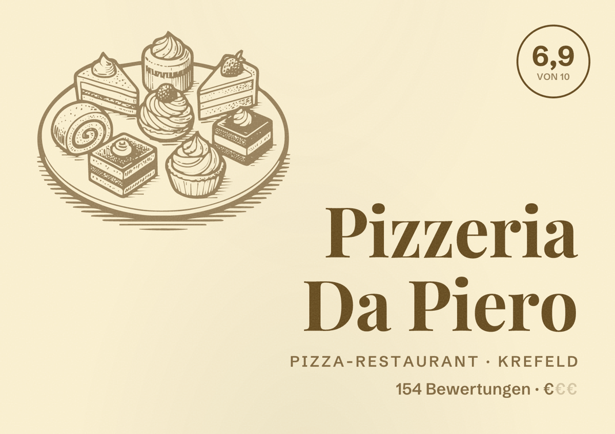 Illustriertes Poster von Pizzeria Da Piero, Pizza-Restaurant in Krefeld: Bewertung 6,9 von 10 aus 154 Bewertungen, Preisniveau €