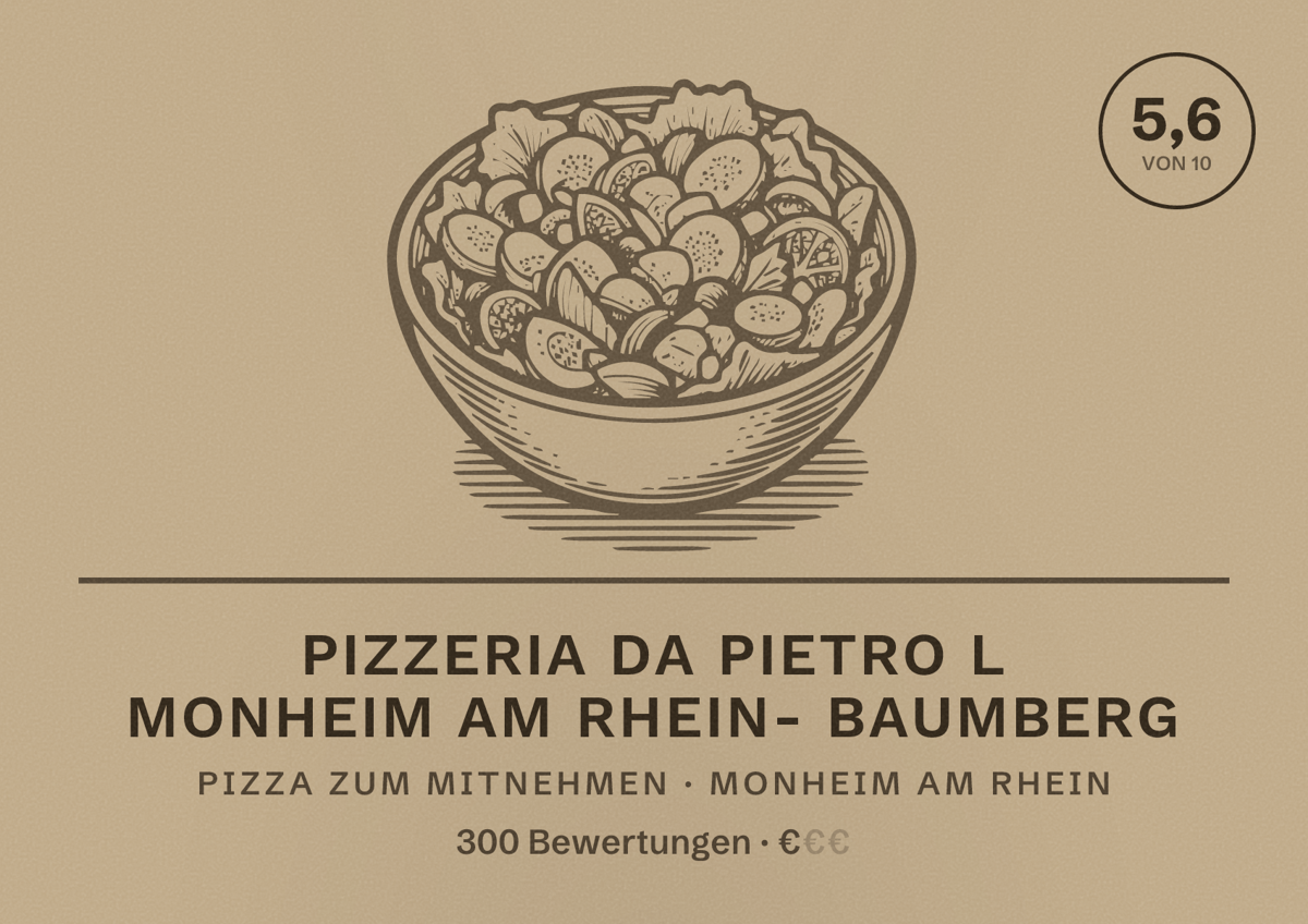 Illustriertes Poster von Pizzeria Da Pietro l Monheim am Rhein- Baumberg, Pizza zum Mitnehmen in Monheim am Rhein: Bewertung 5,6 von 10 aus 300 Bewertungen, Preisniveau €