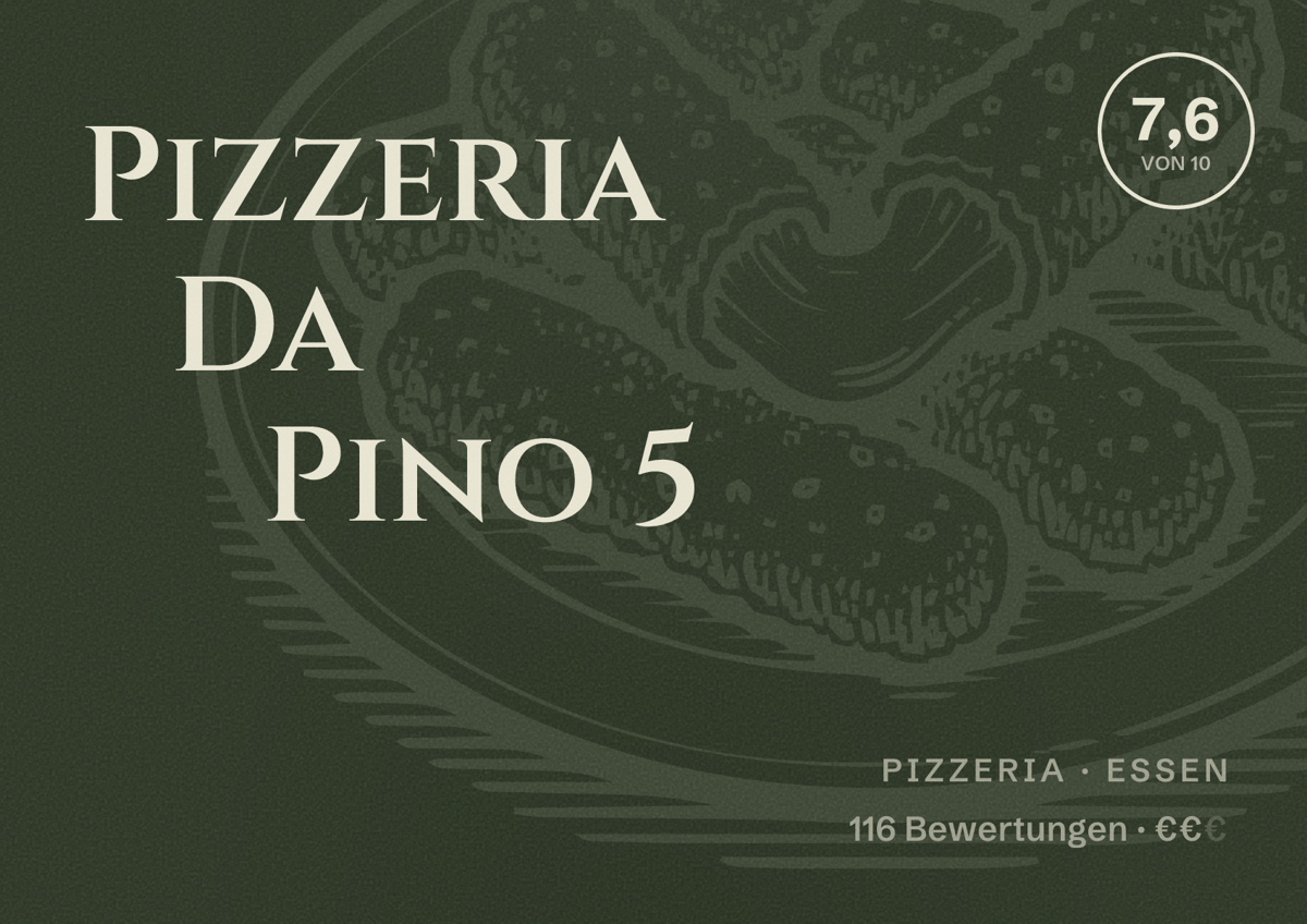 Illustriertes Poster von Pizzeria Da Pino 5, Pizzeria in Essen: Gästebewertung 7,6 von 10 aus 116 Bewertungen