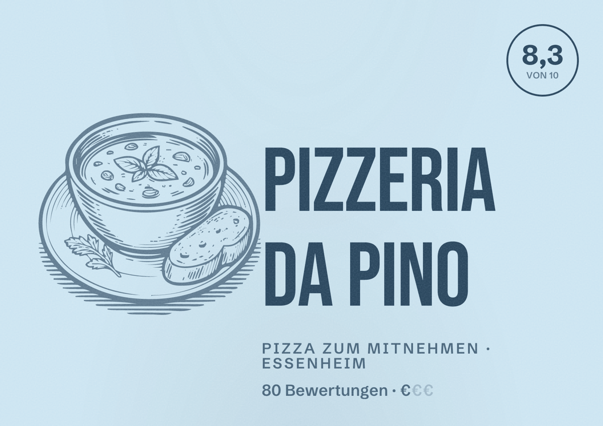 Illustriertes Poster von Pizzeria Da Pino, Pizza zum Mitnehmen in Essenheim: Bewertung 8,3 von 10 aus 80 Bewertungen, Preisniveau €