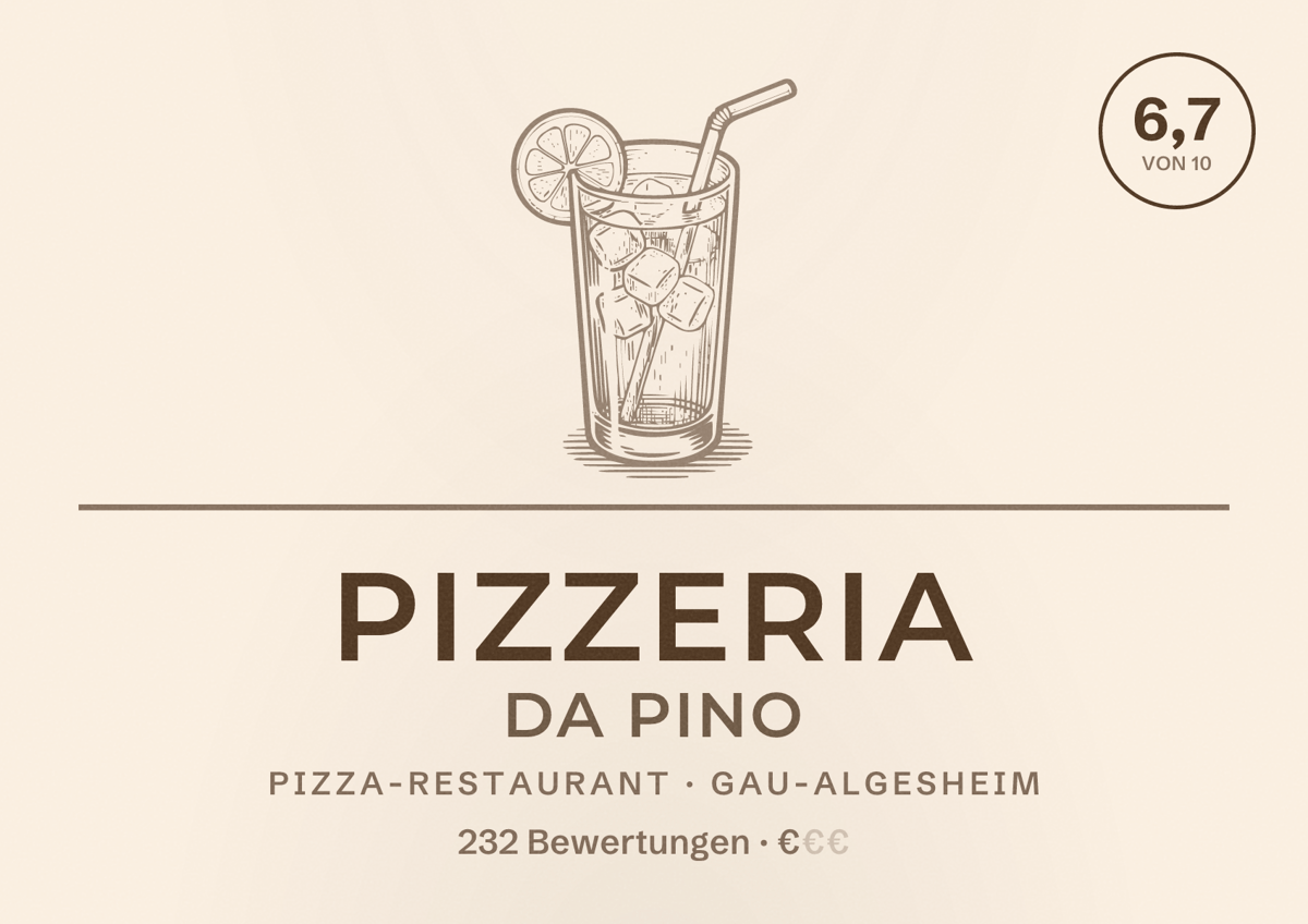 Illustriertes Poster von Pizzeria Da Pino, Pizza-Restaurant in Gau-Algesheim: Bewertung 6,7 von 10 aus 232 Bewertungen, Preisniveau €