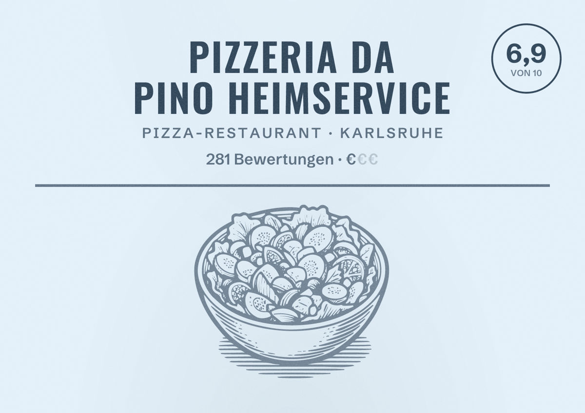 Illustriertes Poster von Pizzeria Da Pino Heimservice, Pizza-Restaurant in Karlsruhe: Bewertung 6,9 von 10 aus 281 Bewertungen, Preisniveau €
