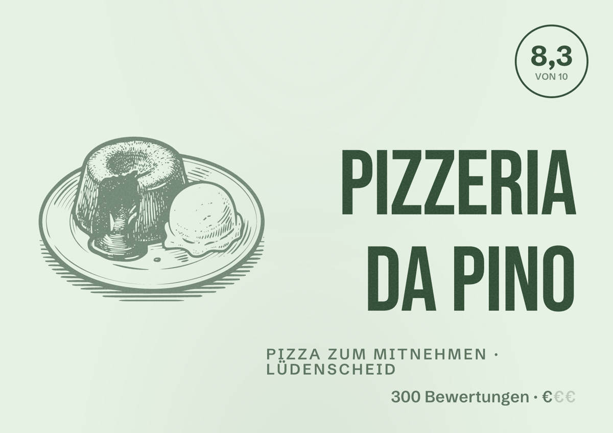 Illustriertes Poster von Pizzeria Da Pino, Pizza zum Mitnehmen in Lüdenscheid: Bewertung 8,3 von 10 aus 300 Bewertungen, Preisniveau €