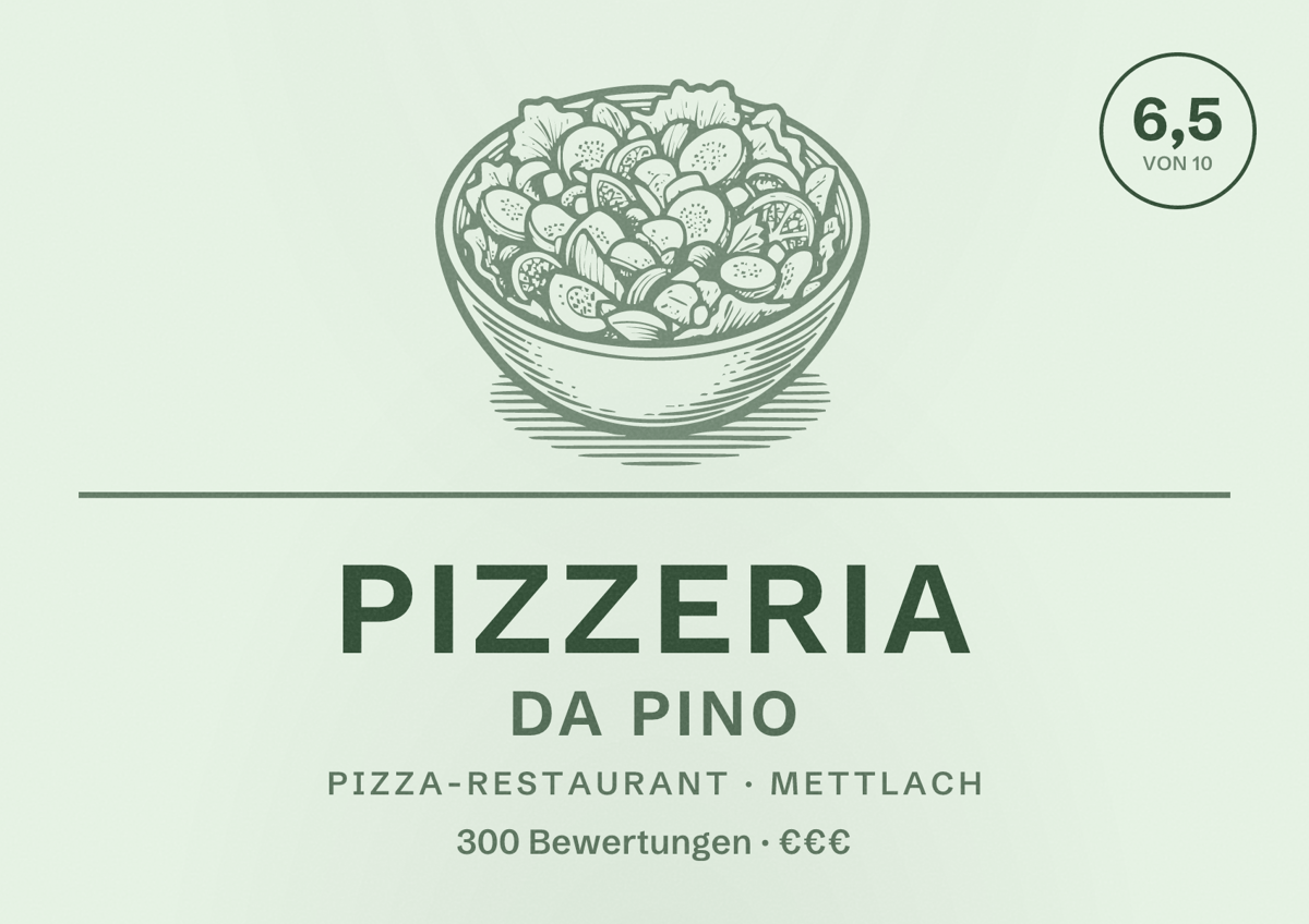 Illustriertes Poster von Pizzeria Da Pino, Pizza-Restaurant in Mettlach: Bewertung 6,5 von 10 aus 300 Bewertungen, Preisniveau €€€