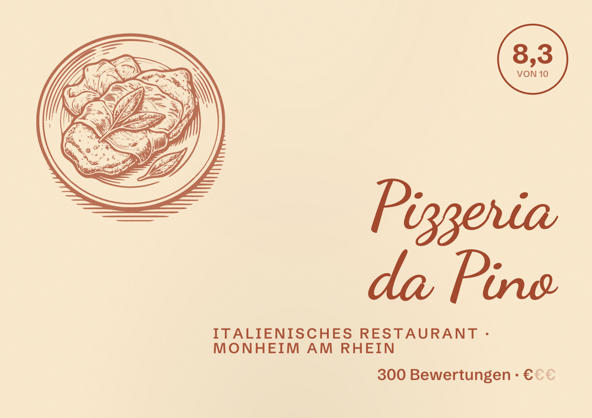 Illustriertes Poster von Pizzeria da Pino, Italienisches Restaurant in Monheim am Rhein: Bewertung 8,3 von 10 aus 300 Bewertungen, Preisniveau €