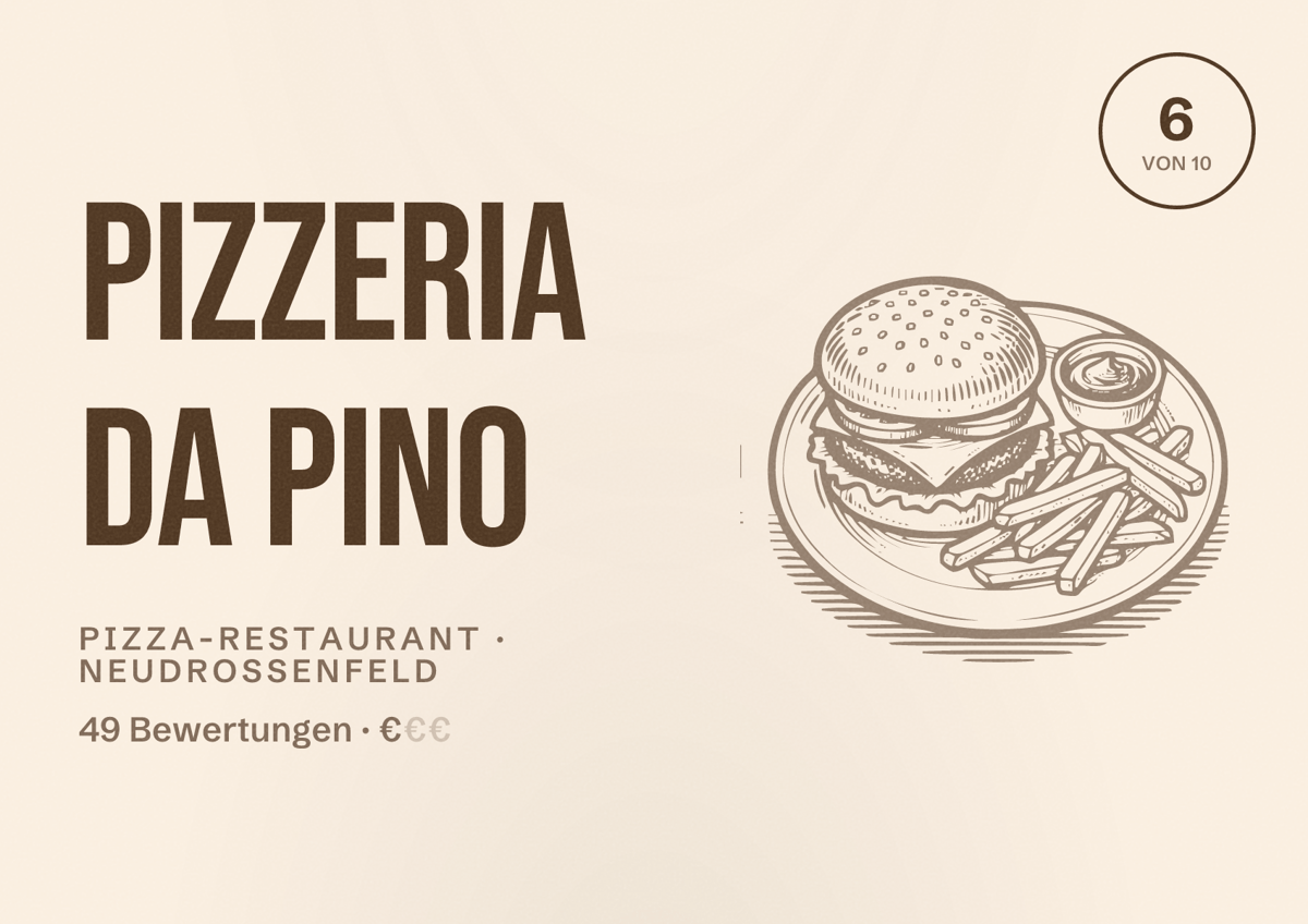 Illustriertes Poster von Pizzeria Da Pino, Pizza-Restaurant in Neudrossenfeld: Bewertung 6 von 10 aus 49 Bewertungen, Preisniveau €