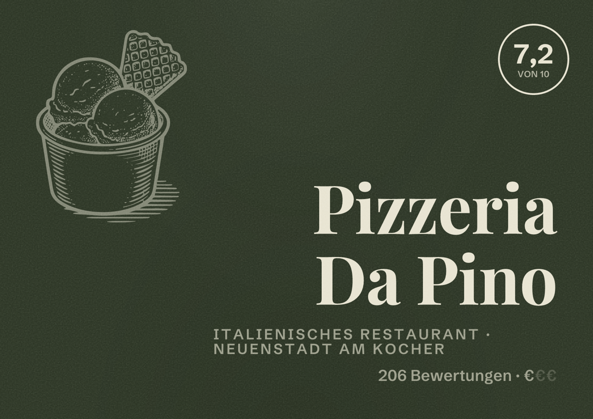 Illustriertes Poster von Pizzeria Da Pino, Italienisches Restaurant in Neuenstadt am Kocher: Bewertung 7,2 von 10 aus 206 Bewertungen, Preisniveau €