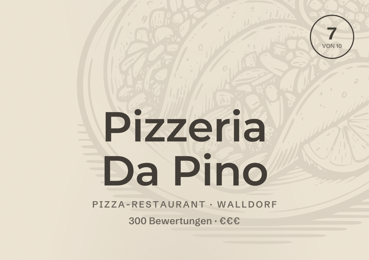 Illustriertes Poster von Pizzeria Da Pino, Pizza-Restaurant in Walldorf: Bewertung 7 von 10 aus 300 Bewertungen, Preisniveau €€€