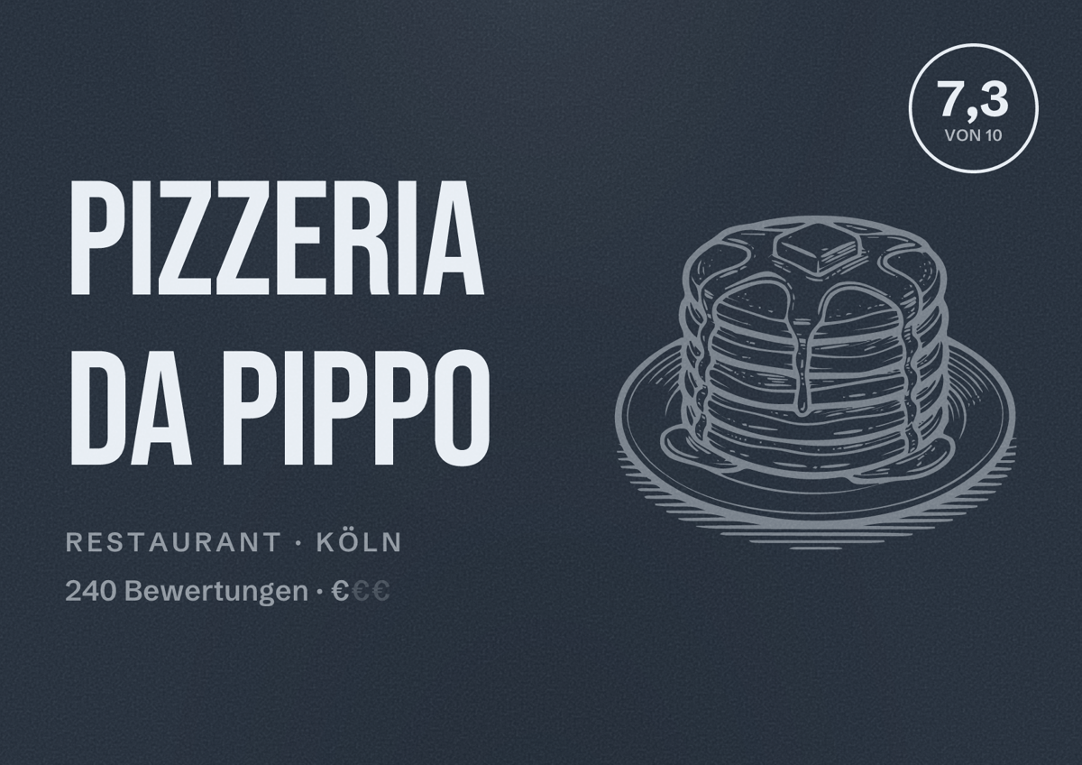 Illustriertes Poster von Pizzeria Da Pippo, Restaurant in Köln: Bewertung 7,3 von 10 aus 240 Bewertungen, Preisniveau €