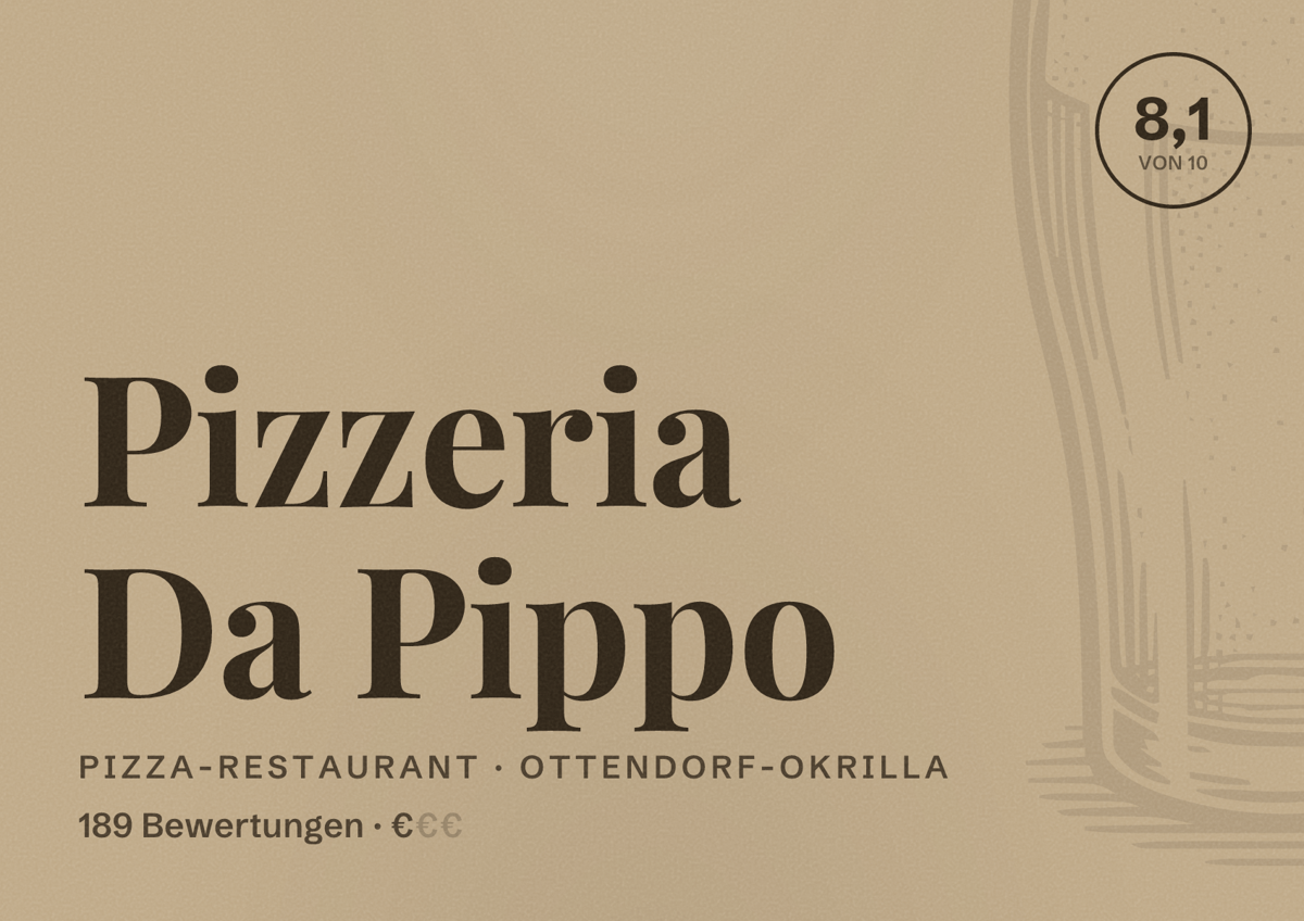Illustriertes Poster von Pizzeria Da Pippo, Pizza-Restaurant in Ottendorf-Okrilla: Bewertung 8,1 von 10 aus 189 Bewertungen, Preisniveau €