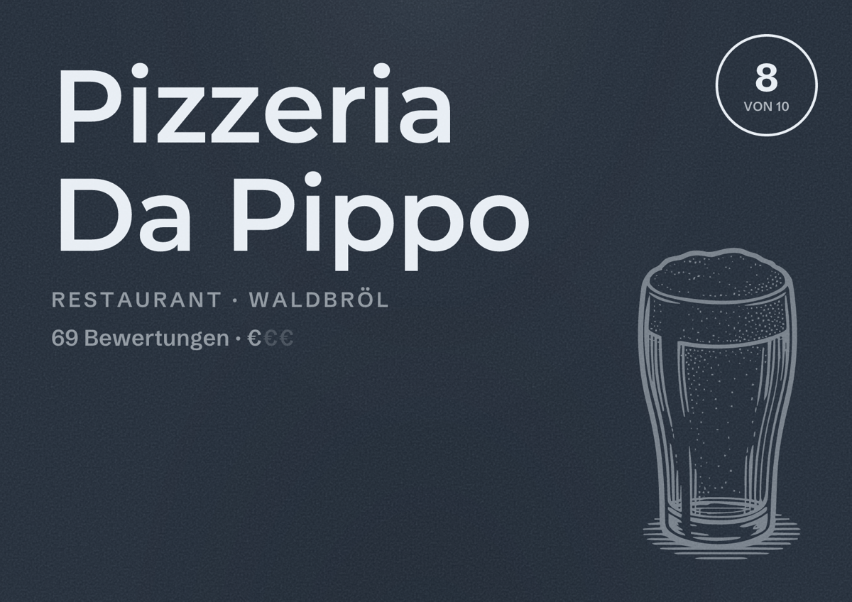 Illustriertes Poster von Pizzeria Da Pippo, Restaurant in Waldbröl: Bewertung 8 von 10 aus 69 Bewertungen, Preisniveau €