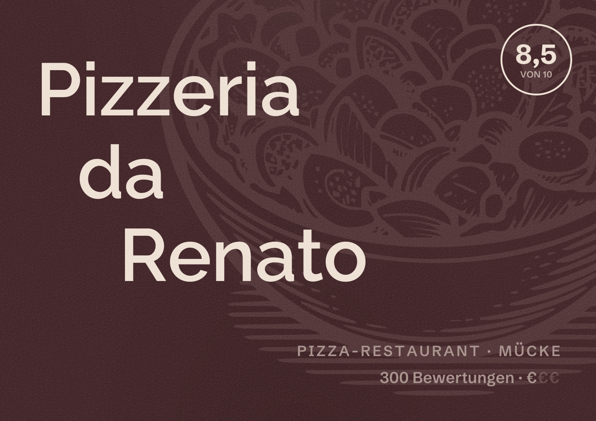 Illustriertes Poster von Pizzeria da Renato, Pizza-Restaurant in Mücke: Bewertung 8,5 von 10 aus 300 Bewertungen, Preisniveau €
