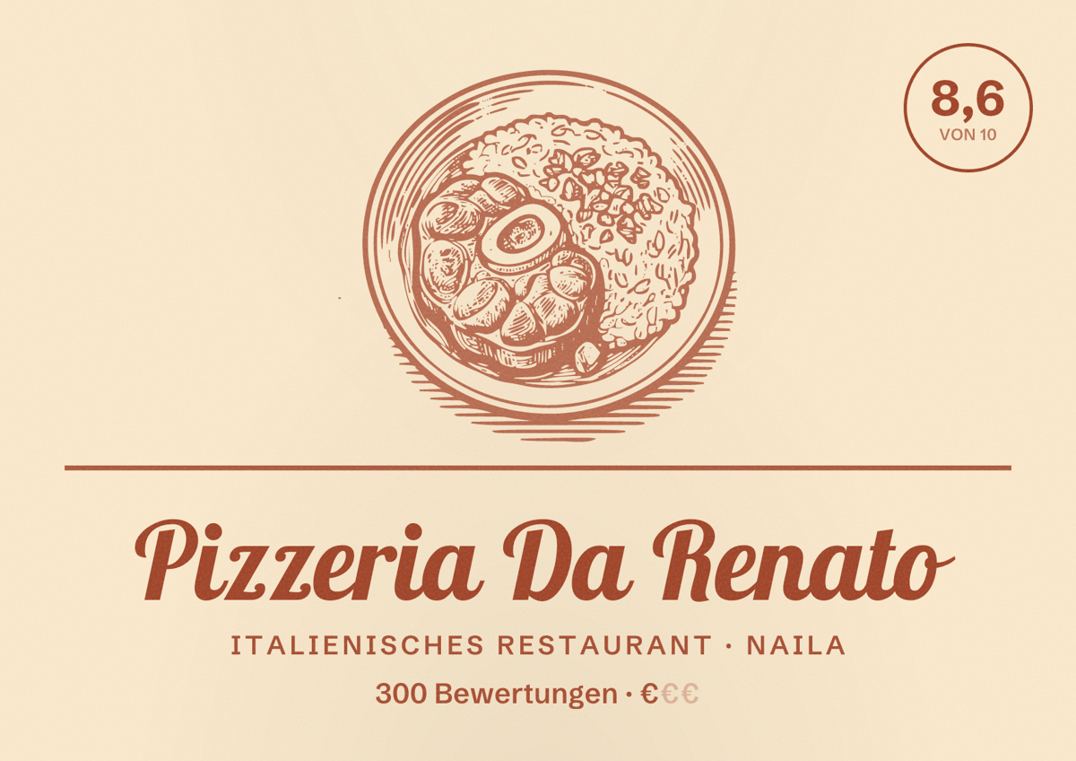 Illustriertes Poster von Pizzeria Da Renato, Italienisches Restaurant in Naila: Bewertung 8,6 von 10 aus 300 Bewertungen, Preisniveau €