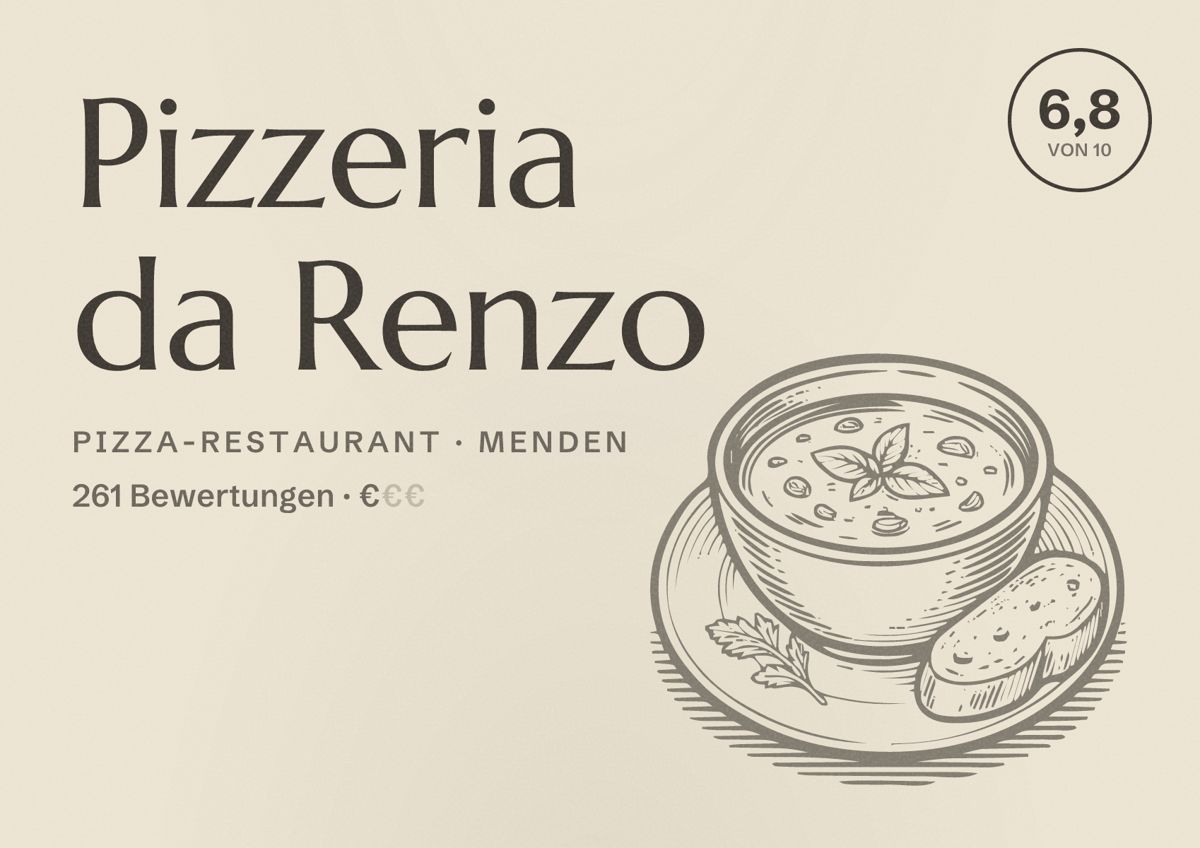 Illustriertes Poster von Pizzeria da Renzo, Pizza-Restaurant in Menden: Bewertung 6,8 von 10 aus 261 Bewertungen, Preisniveau €