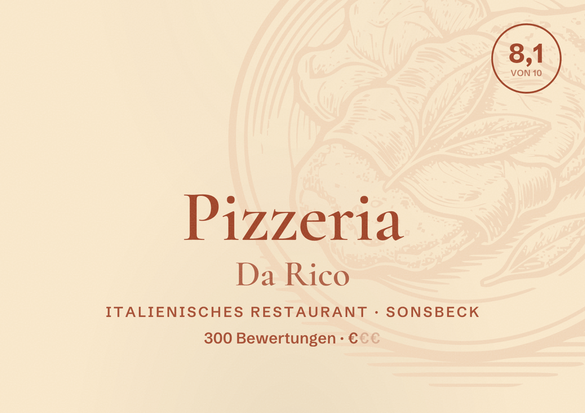 Illustriertes Poster von Pizzeria Da Rico, Italienisches Restaurant in Sonsbeck: Bewertung 8,1 von 10 aus 300 Bewertungen, Preisniveau €
