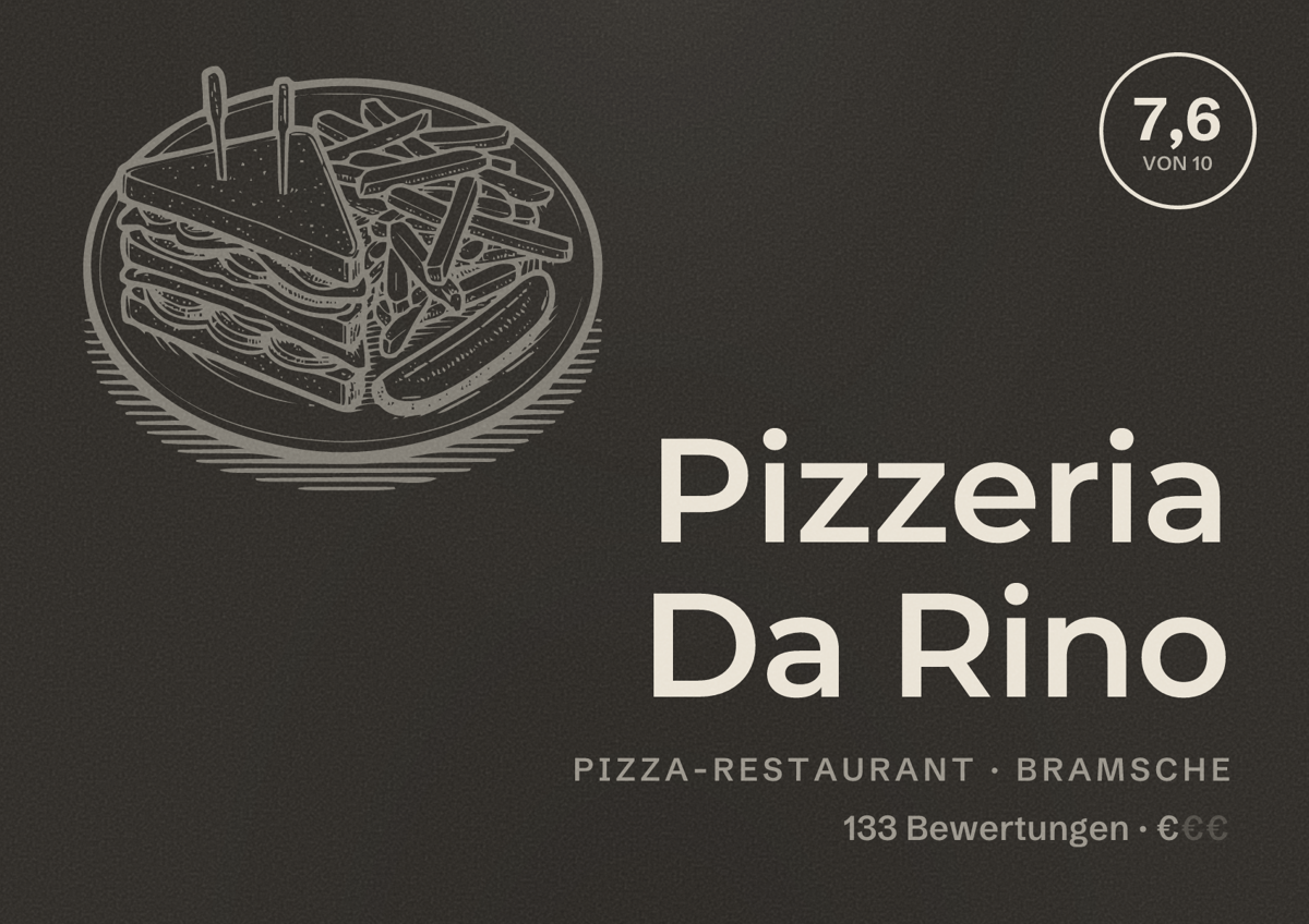 Illustriertes Poster von Pizzeria Da Rino, Pizza-Restaurant in Bramsche: Bewertung 7,6 von 10 aus 133 Bewertungen, Preisniveau €