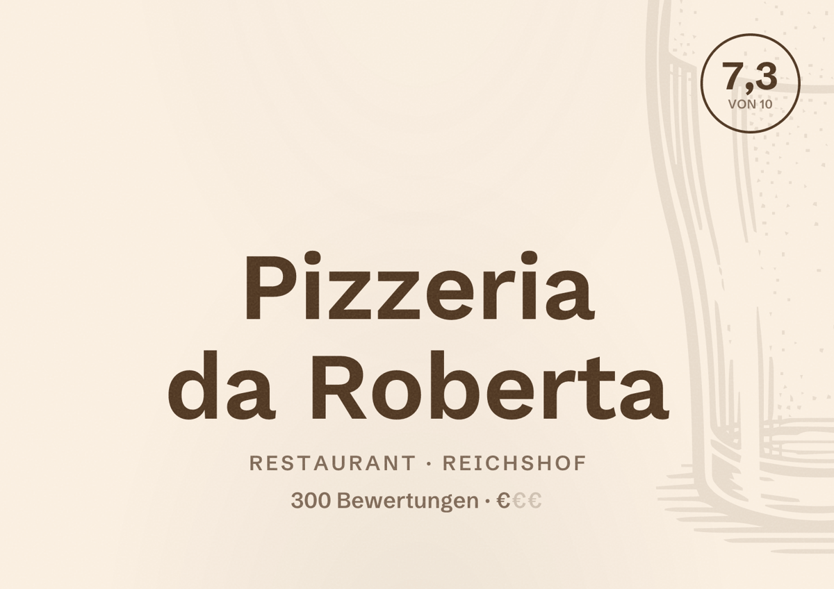 Illustriertes Poster von Pizzeria da Roberta, Restaurant in Reichshof: Bewertung 7,3 von 10 aus 300 Bewertungen, Preisniveau €