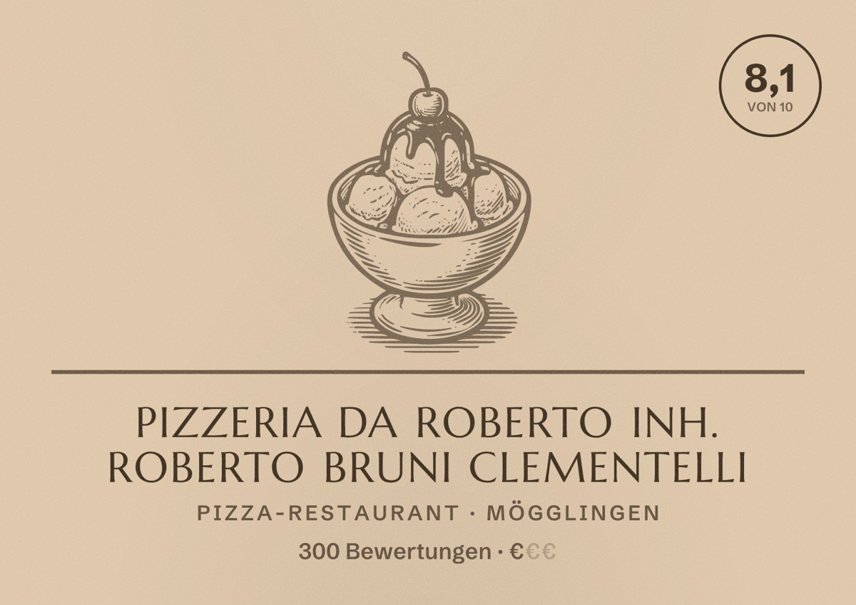 Illustriertes Poster von Pizzeria Da Roberto Inh. Roberto Bruni Clementelli, Pizza-Restaurant in Mögglingen: Bewertung 8,1 von 10 aus 300 Bewertungen, Preisniveau €
