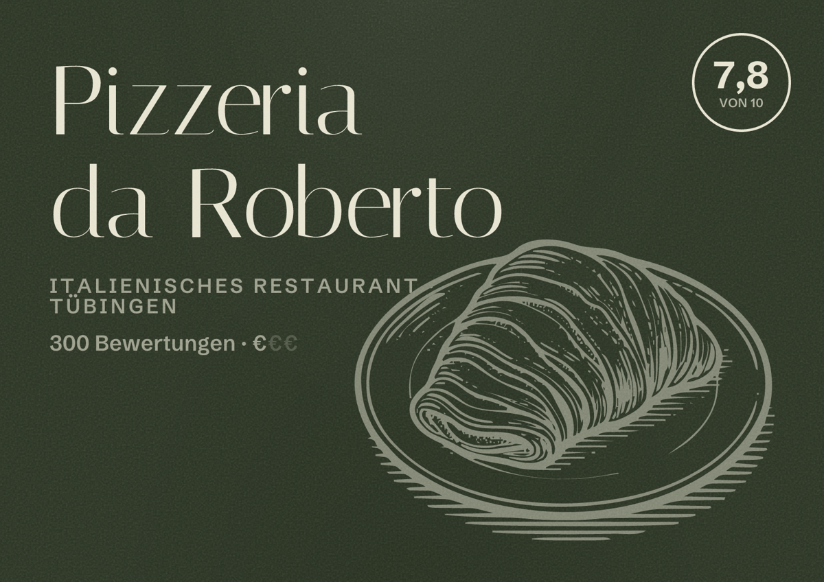 Illustriertes Poster von Pizzeria da Roberto, Italienisches Restaurant in Tübingen: Bewertung 7,8 von 10 aus 300 Bewertungen, Preisniveau €