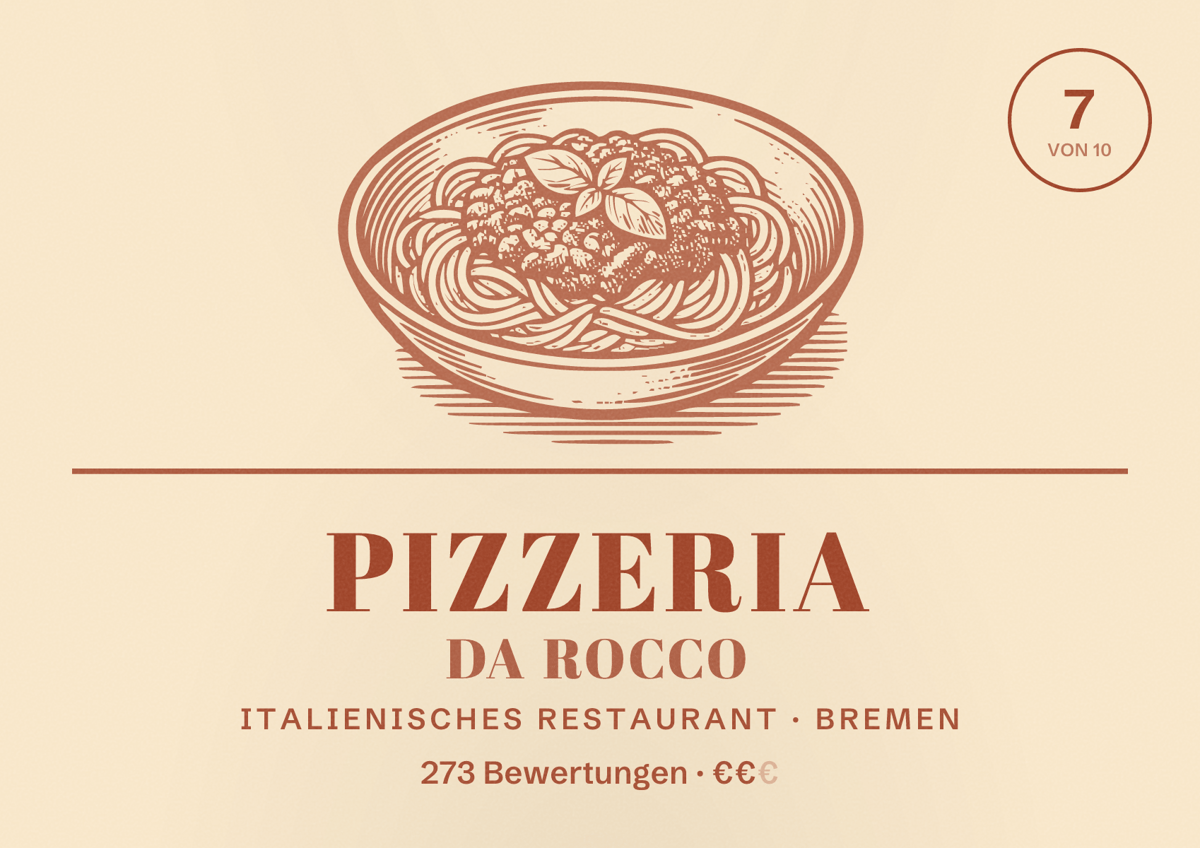 Illustriertes Poster von Pizzeria Da Rocco, Italienisches Restaurant in Bremen: Bewertung 7 von 10 aus 273 Bewertungen, Preisniveau €€