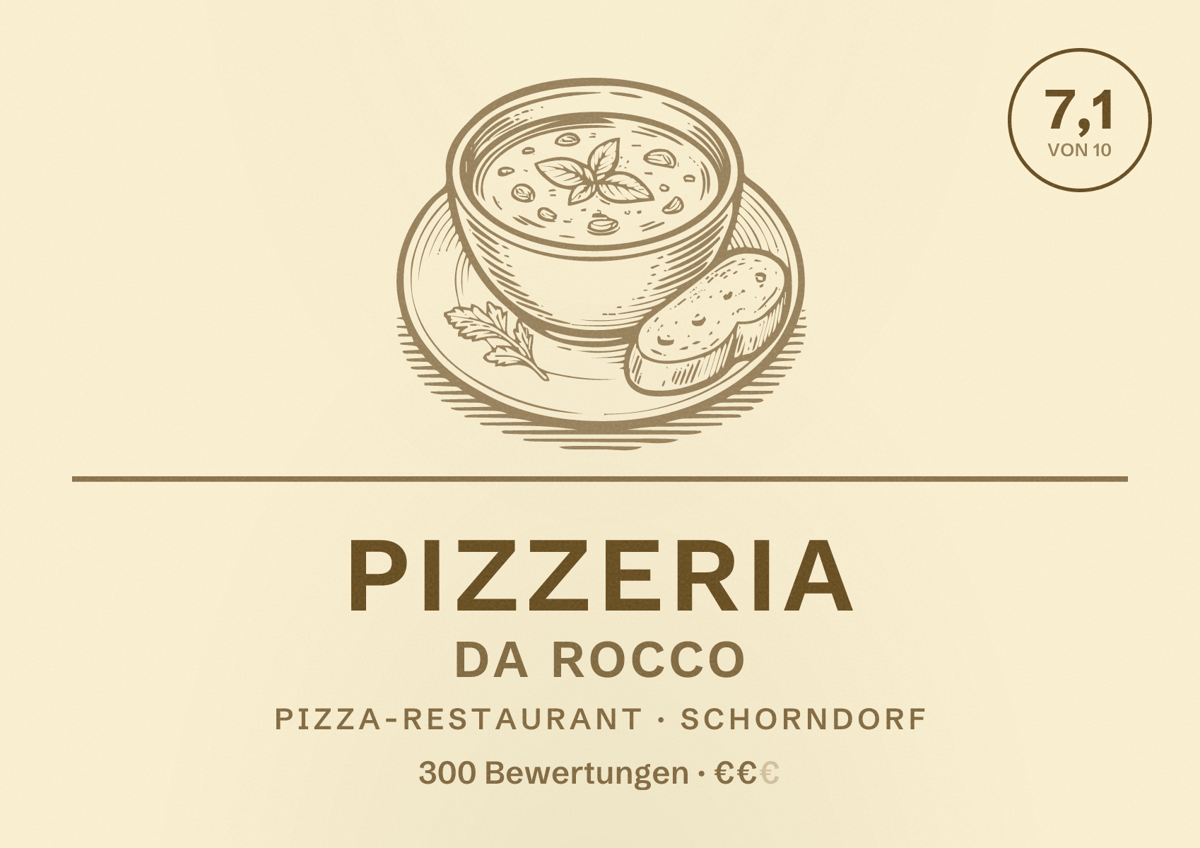 Illustriertes Poster von Pizzeria Da Rocco, Pizza-Restaurant in Schorndorf: Bewertung 7,1 von 10 aus 300 Bewertungen, Preisniveau €€