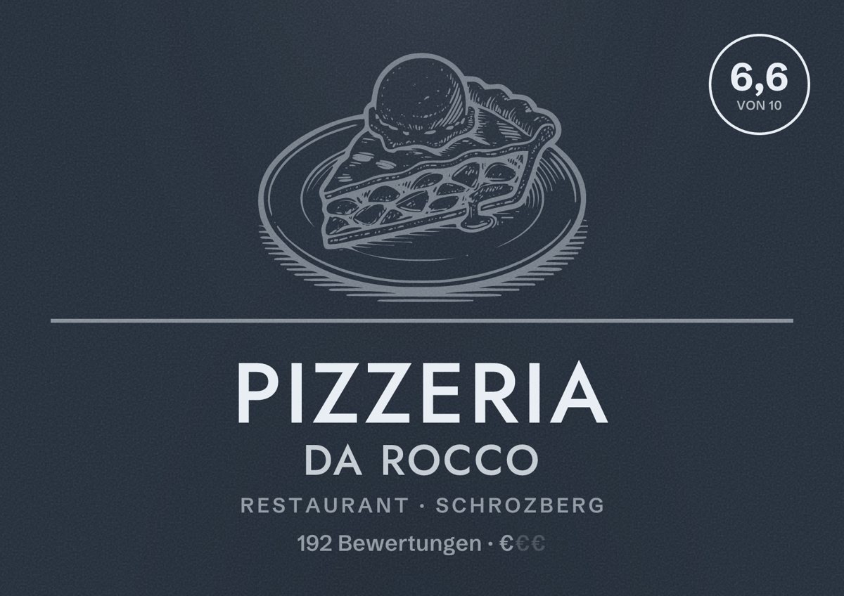 Illustriertes Poster von Pizzeria Da Rocco, Restaurant in Schrozberg: Bewertung 6,6 von 10 aus 192 Bewertungen, Preisniveau €