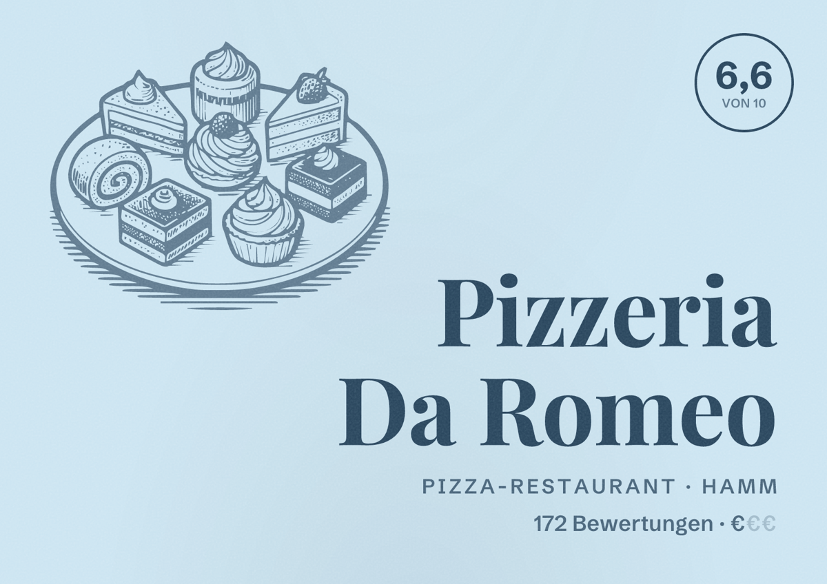 Illustriertes Poster von Pizzeria Da Romeo, Pizza-Restaurant in Hamm: Bewertung 6,6 von 10 aus 172 Bewertungen, Preisniveau €