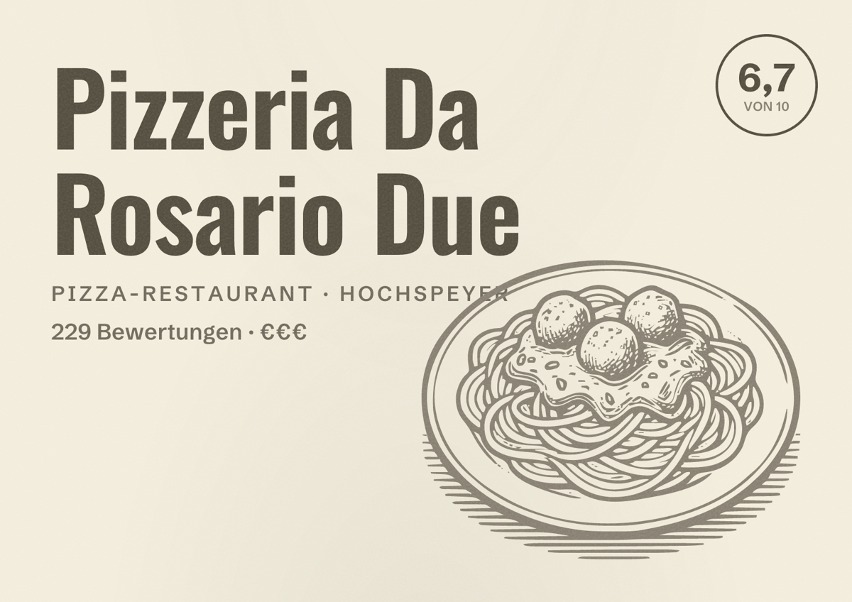Illustriertes Poster von Pizzeria Da Rosario Due, Pizza-Restaurant in Hochspeyer: Bewertung 6,7 von 10 aus 229 Bewertungen, Preisniveau €€€