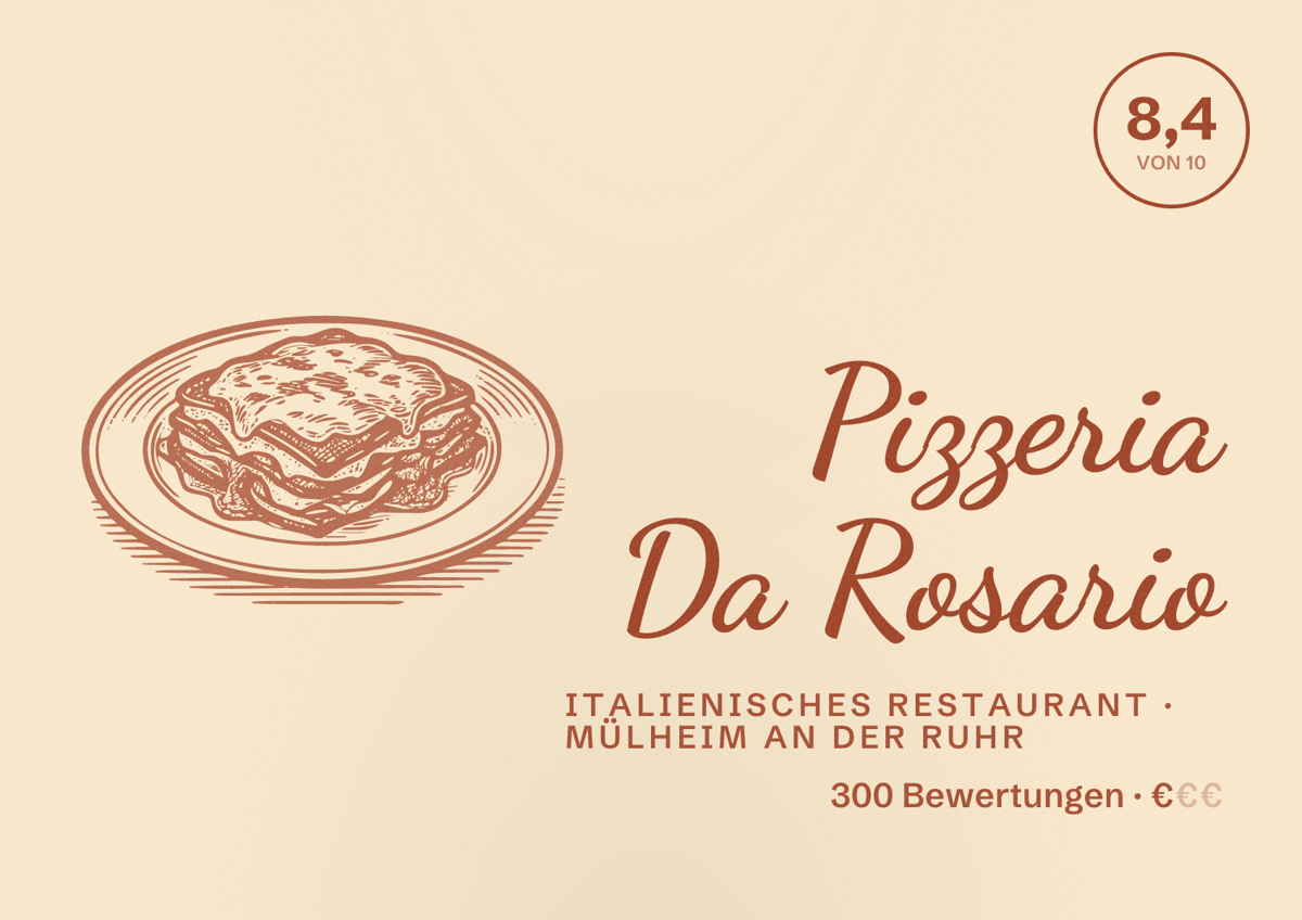 Illustriertes Poster von Pizzeria Da Rosario, Italienisches Restaurant in Mülheim an der Ruhr: Bewertung 8,4 von 10 aus 300 Bewertungen, Preisniveau €