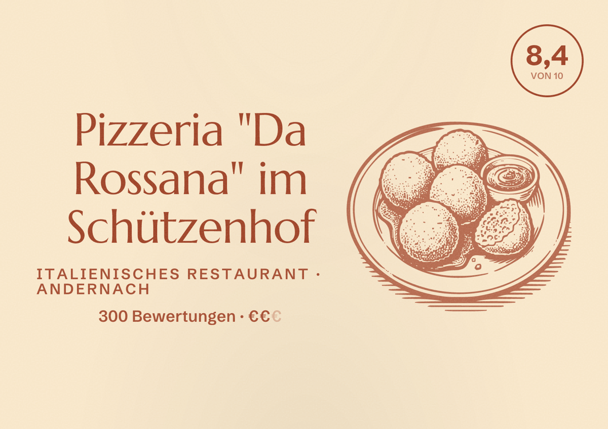 Illustriertes Poster von Pizzeria "Da Rossana" im Schützenhof, Italienisches Restaurant in Andernach: Bewertung 8,4 von 10 aus 300 Bewertungen, Preisniveau €€