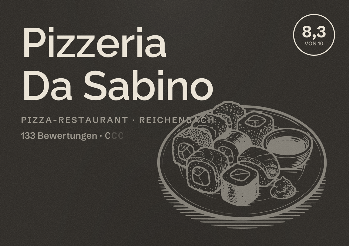 Illustriertes Poster von Pizzeria Da Sabino, Pizza-Restaurant in Reichenbach: Bewertung 8,3 von 10 aus 133 Bewertungen, Preisniveau €