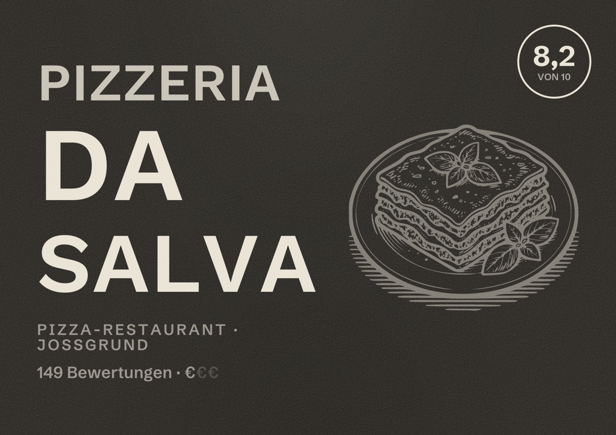 Illustriertes Poster von Pizzeria Da Salva, Pizza-Restaurant in Jossgrund: Bewertung 8,2 von 10 aus 149 Bewertungen, Preisniveau €