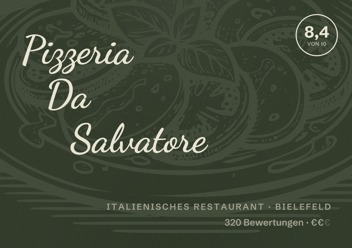 Illustriertes Poster von Pizzeria Da Salvatore, Italienisches Restaurant in Bielefeld: Bewertung 8,4 von 10 aus 320 Bewertungen, Preisniveau €€