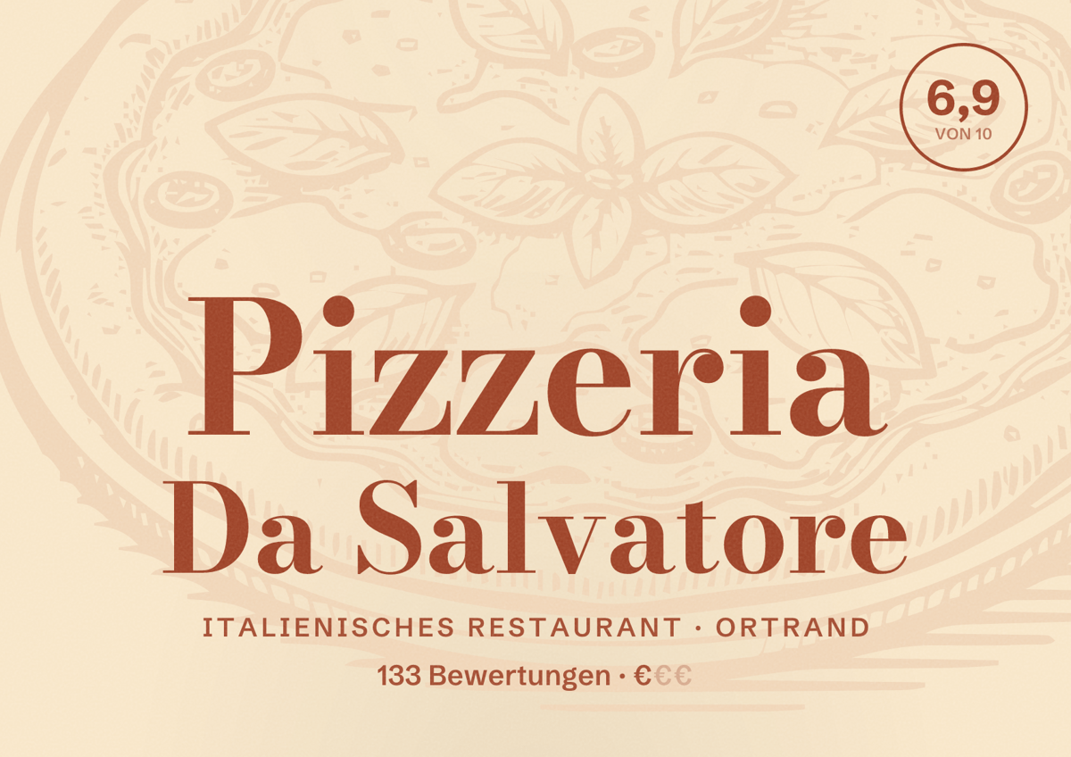 Illustriertes Poster von Pizzeria Da Salvatore, Italienisches Restaurant in Ortrand: Bewertung 6,9 von 10 aus 133 Bewertungen, Preisniveau €