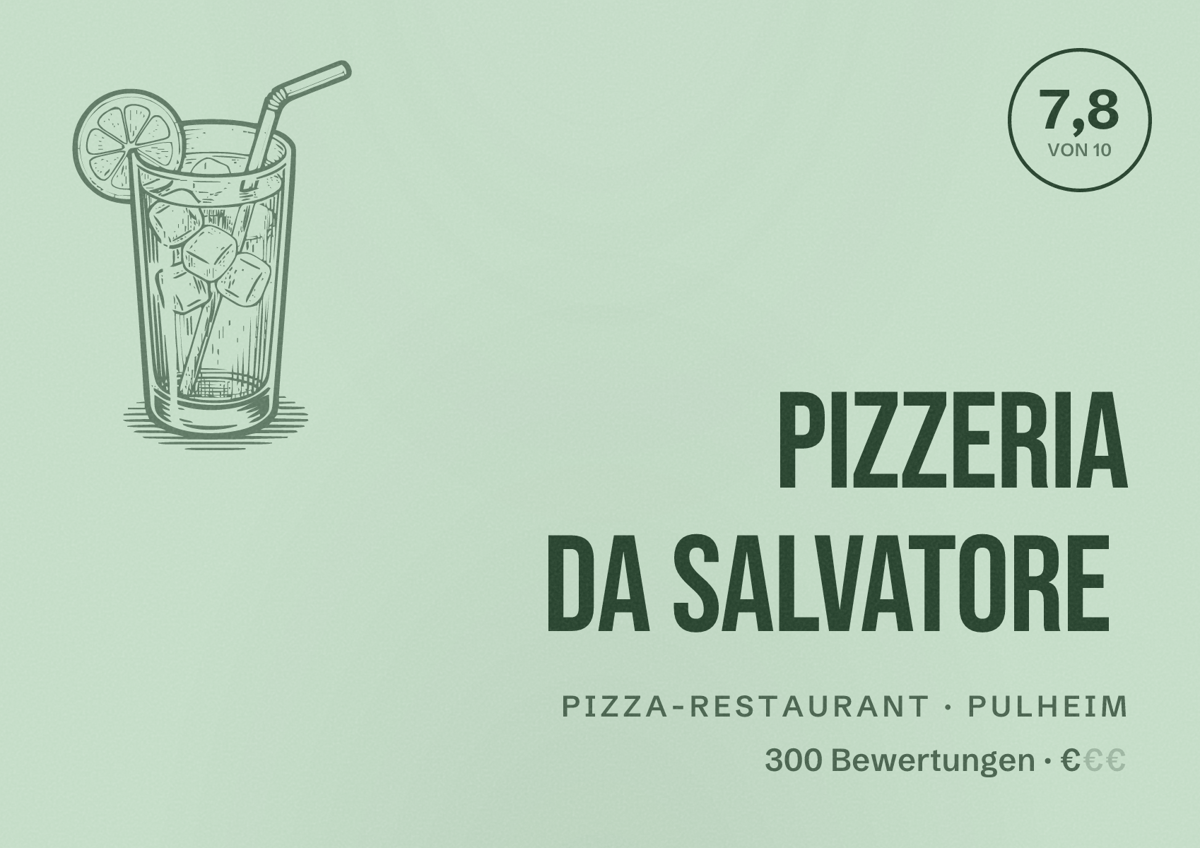 Illustriertes Poster von Pizzeria da Salvatore, Pizza-Restaurant in Pulheim: Bewertung 7,8 von 10 aus 300 Bewertungen, Preisniveau €