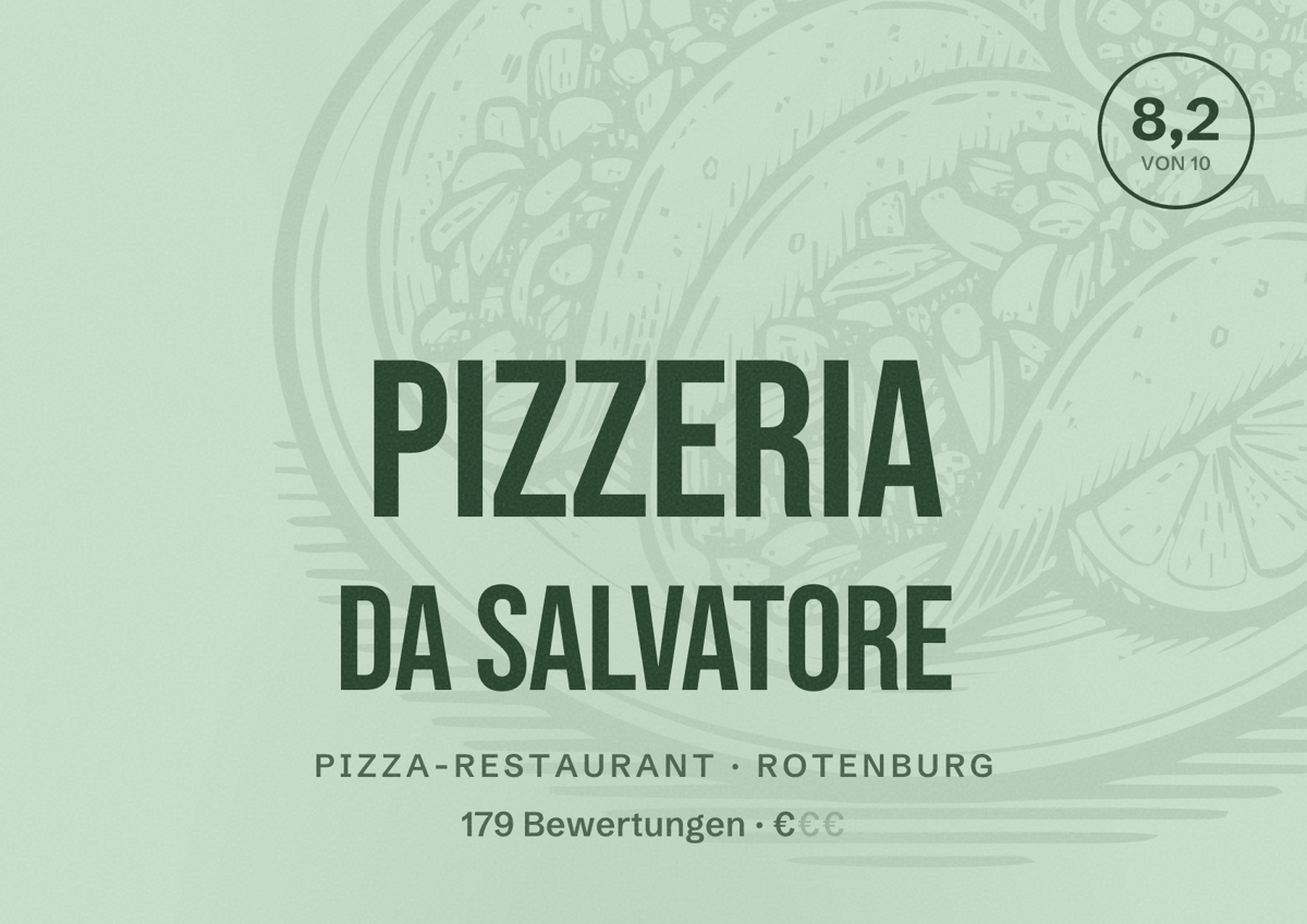 Illustriertes Poster von Pizzeria Da Salvatore, Pizza-Restaurant in Rotenburg: Bewertung 8,2 von 10 aus 179 Bewertungen, Preisniveau €