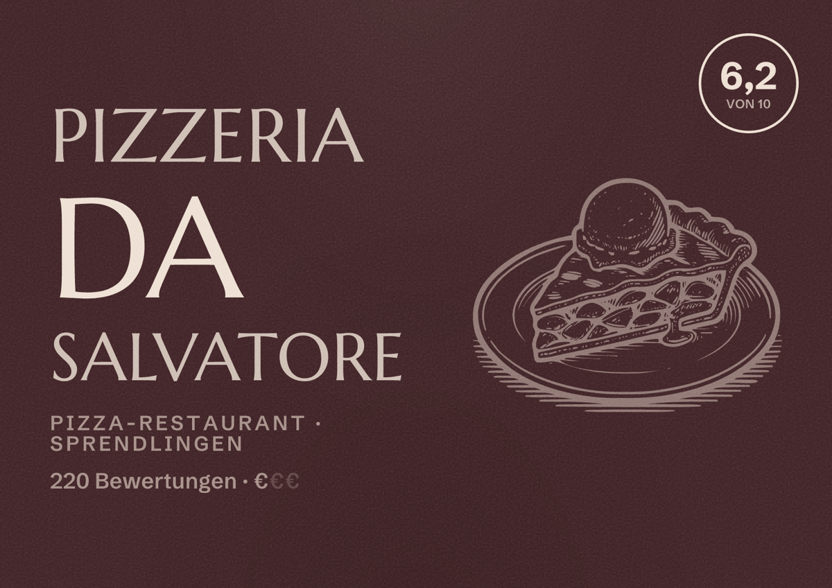 Illustriertes Poster von Pizzeria Da Salvatore, Pizza-Restaurant in Sprendlingen: Bewertung 6,2 von 10 aus 220 Bewertungen, Preisniveau €