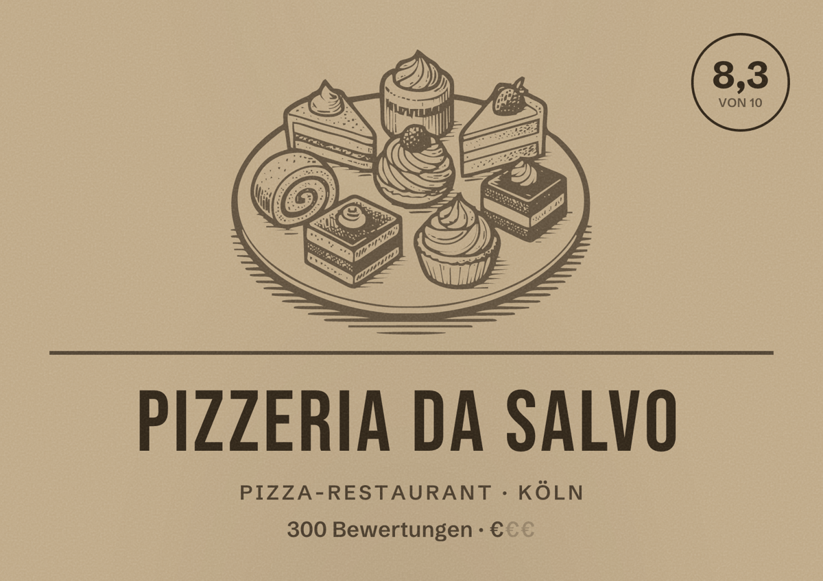 Illustriertes Poster von Pizzeria da Salvo, Pizza-Restaurant in Köln: Bewertung 8,3 von 10 aus 300 Bewertungen, Preisniveau €