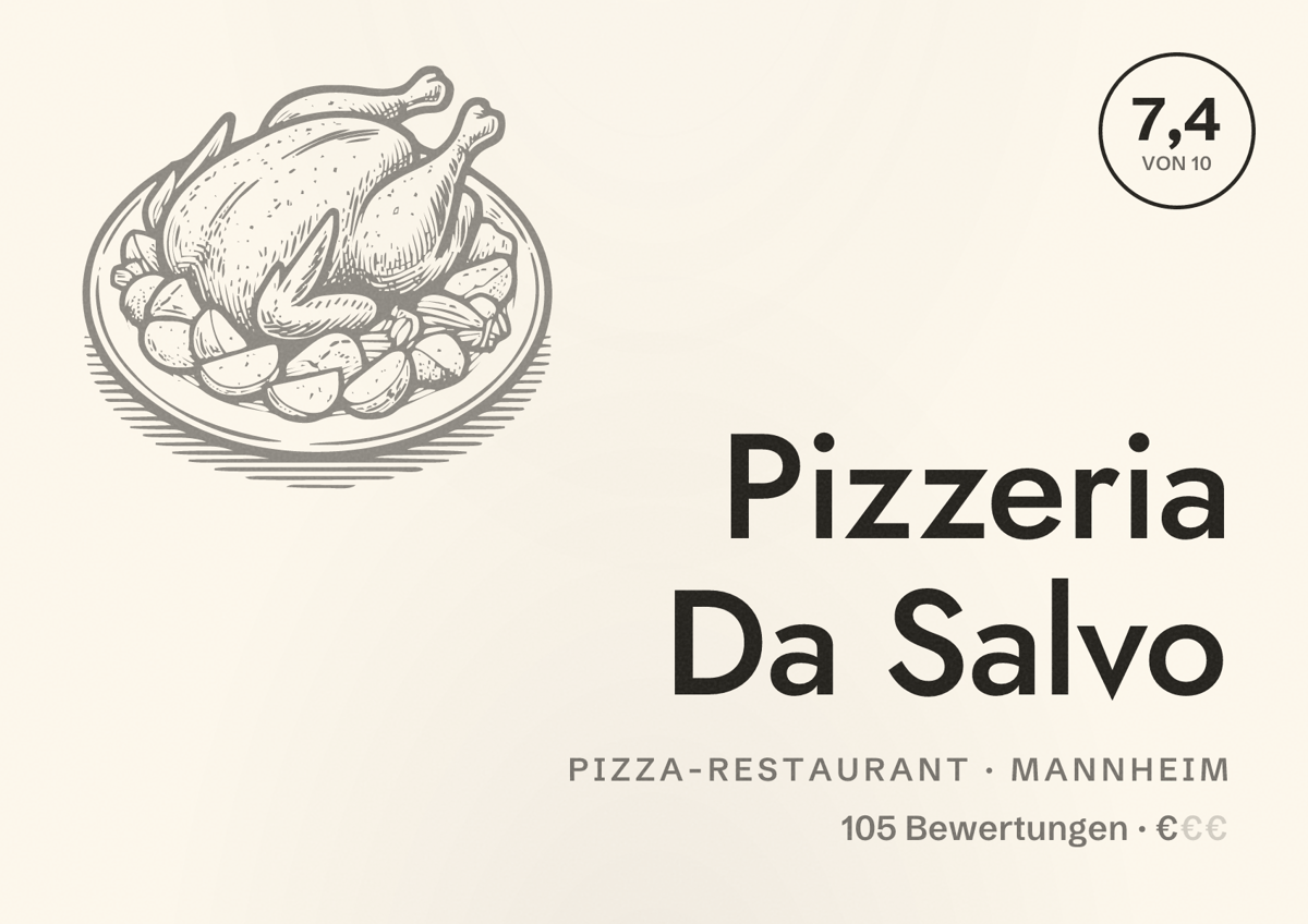 Illustriertes Poster von Pizzeria Da Salvo, Pizza-Restaurant in Mannheim: Bewertung 7,4 von 10 aus 105 Bewertungen, Preisniveau €