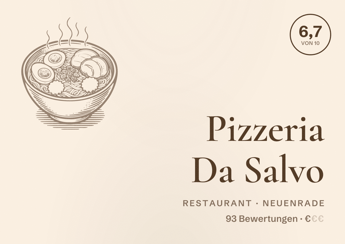 Illustriertes Poster von Pizzeria Da Salvo, Restaurant in Neuenrade: Bewertung 6,7 von 10 aus 93 Bewertungen, Preisniveau €
