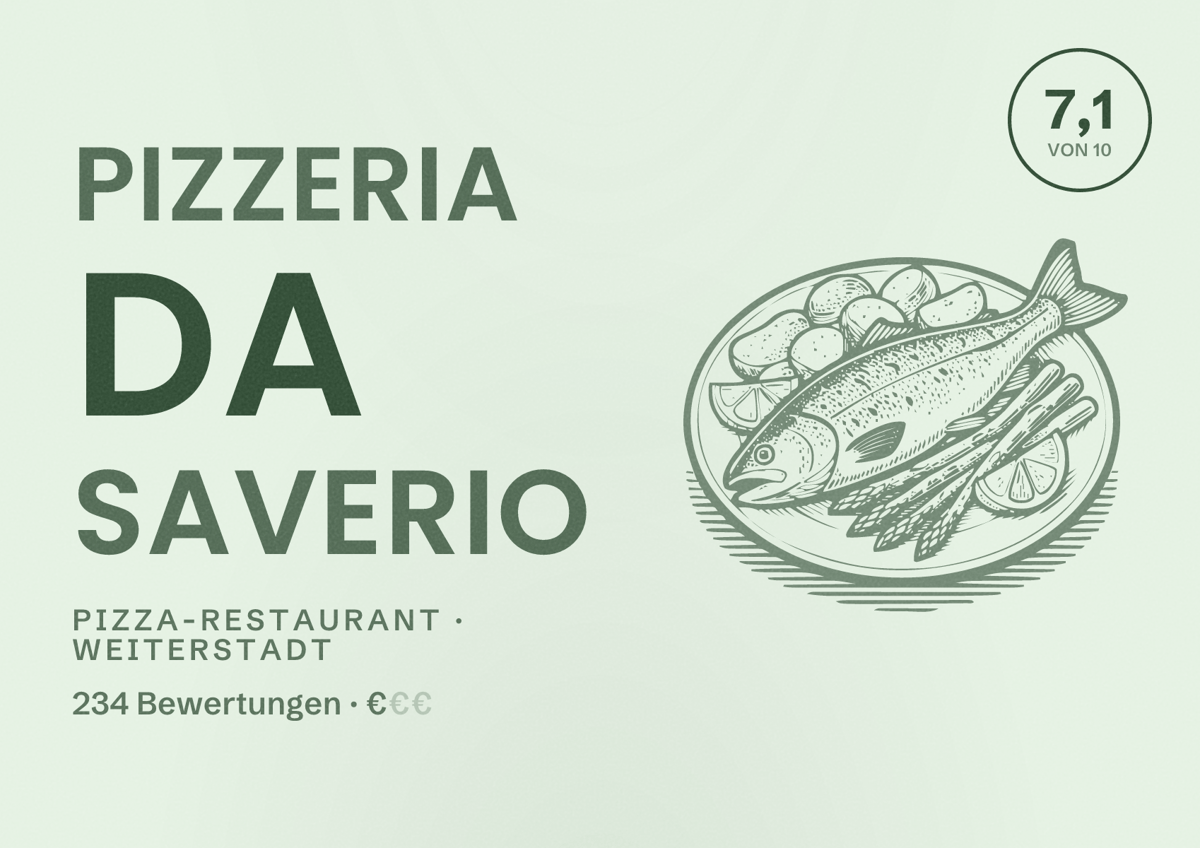 Illustriertes Poster von Pizzeria da Saverio, Pizza-Restaurant in Weiterstadt: Bewertung 7,1 von 10 aus 234 Bewertungen, Preisniveau €