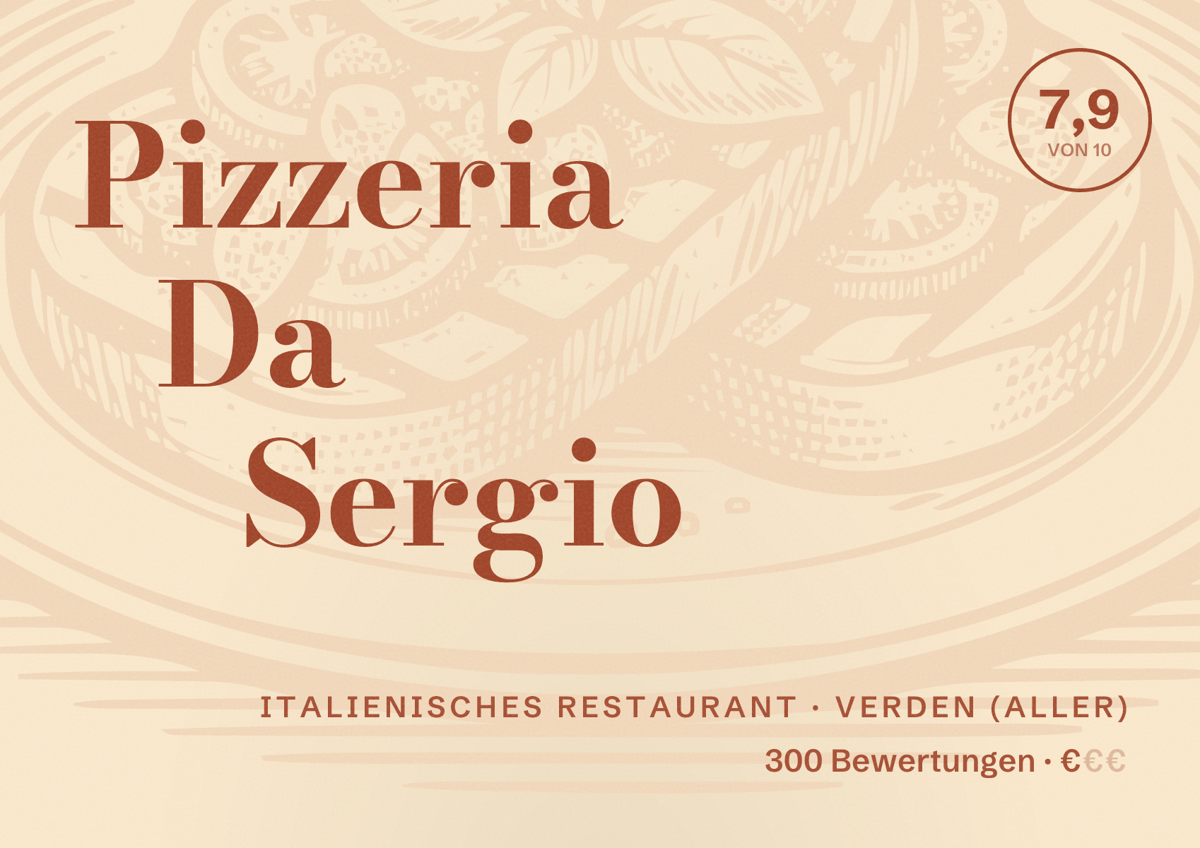 Illustriertes Poster von Pizzeria Da Sergio, Italienisches Restaurant in Verden (Aller): Bewertung 7,9 von 10 aus 300 Bewertungen, Preisniveau €