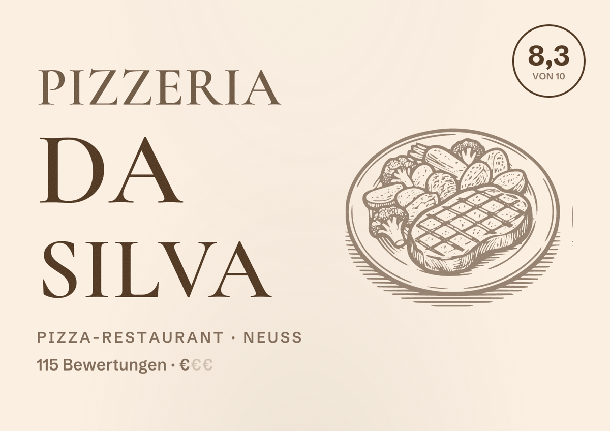 Illustriertes Poster von Pizzeria Da Silva, Pizza-Restaurant in Neuss: Bewertung 8,3 von 10 aus 115 Bewertungen, Preisniveau €