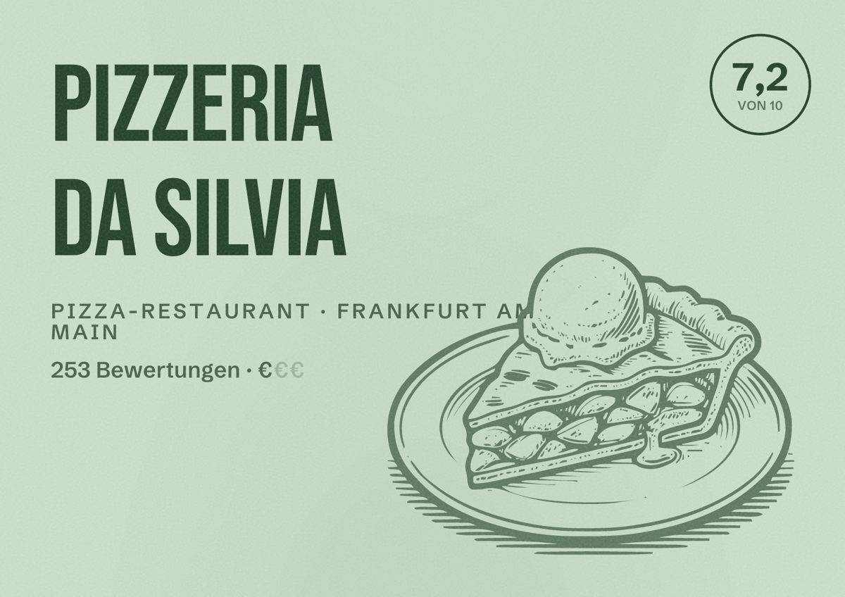 Illustriertes Poster von Pizzeria da Silvia, Pizza-Restaurant in Frankfurt am Main: Bewertung 7,2 von 10 aus 253 Bewertungen, Preisniveau €