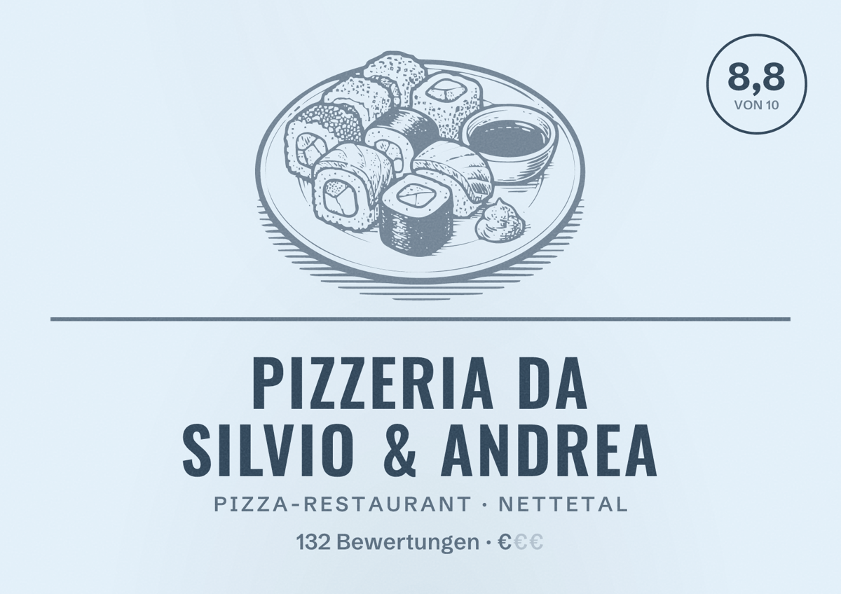 Illustriertes Poster von Pizzeria Da Silvio & Andrea, Pizza-Restaurant in Nettetal: Bewertung 8,8 von 10 aus 132 Bewertungen, Preisniveau €
